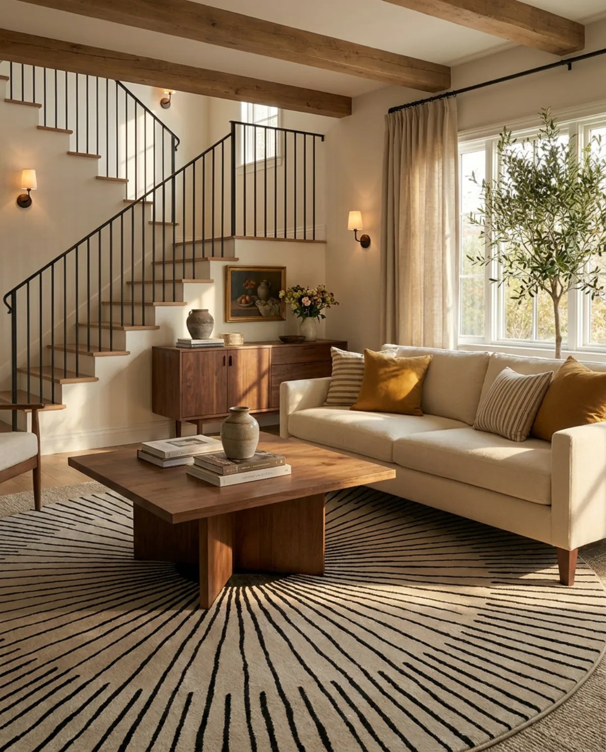 Tapis rond noir et blanc rayons soleil sous une table basse en bois, dans un grand salon avec escalier
