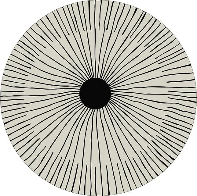Détail du velours du tapis rond noir et blanc rayons soleil