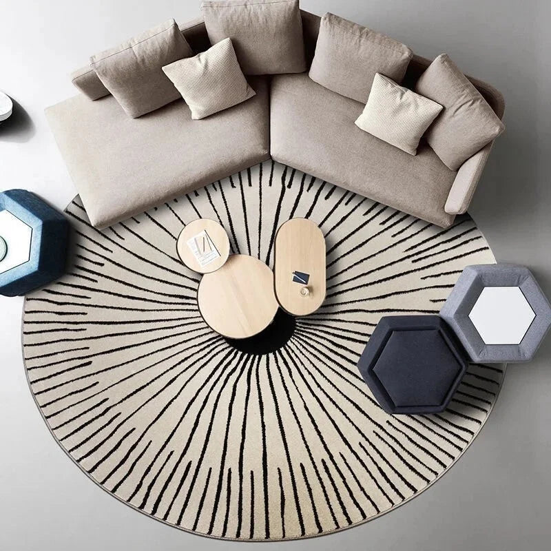 Vue studio du tapis rond noir et blanc rayons soleil