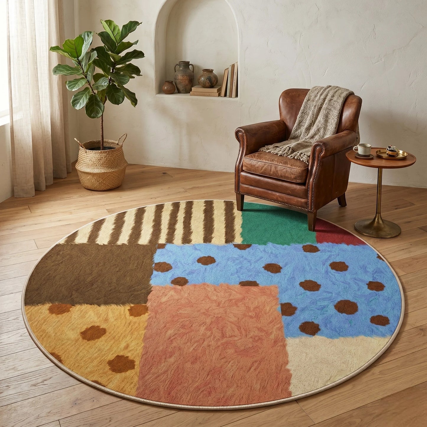 Détail des blocs patchwork avec rayures, pois et textures variées