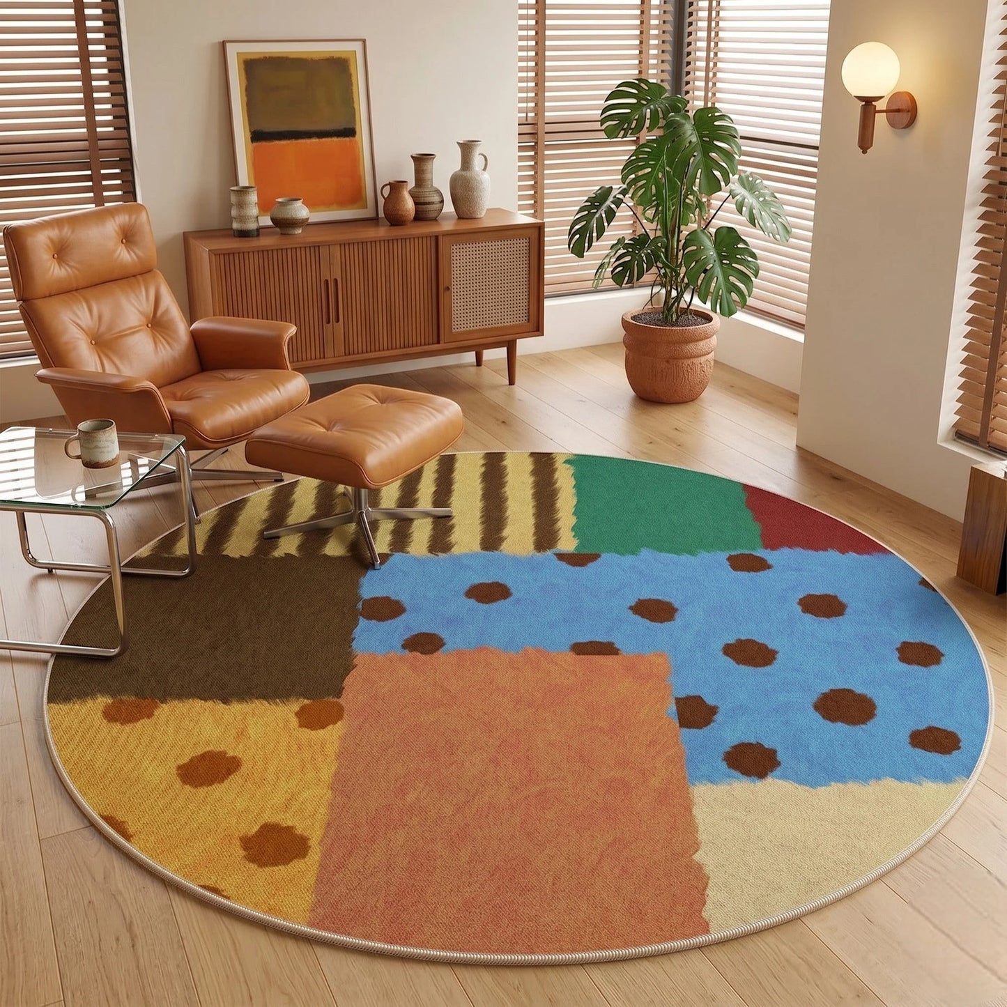 Vue d'angle du tapis rond patchwork blocs multicolore
