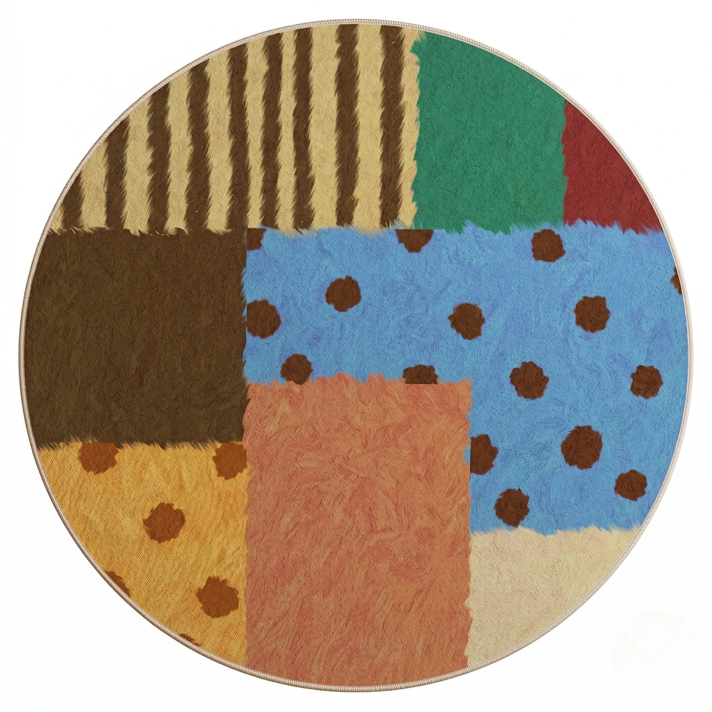 Vue studio du tapis rond patchwork blocs multicolore en polyester tissé Wilton