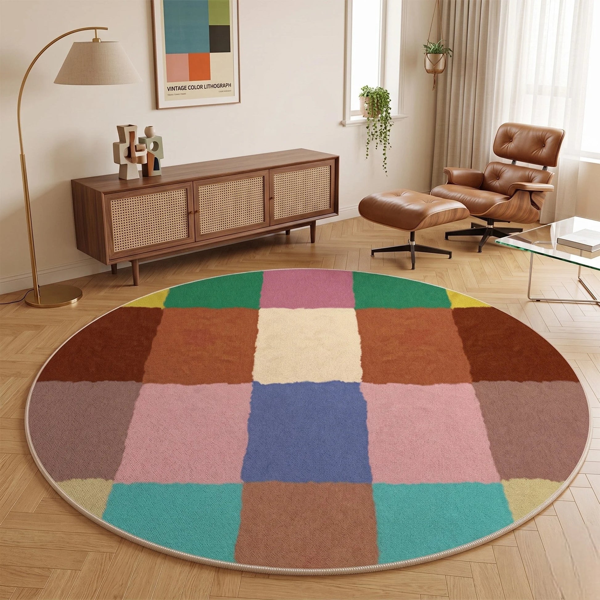Détail du tissage Wilton du tapis rond patchwork carreaux multicolore