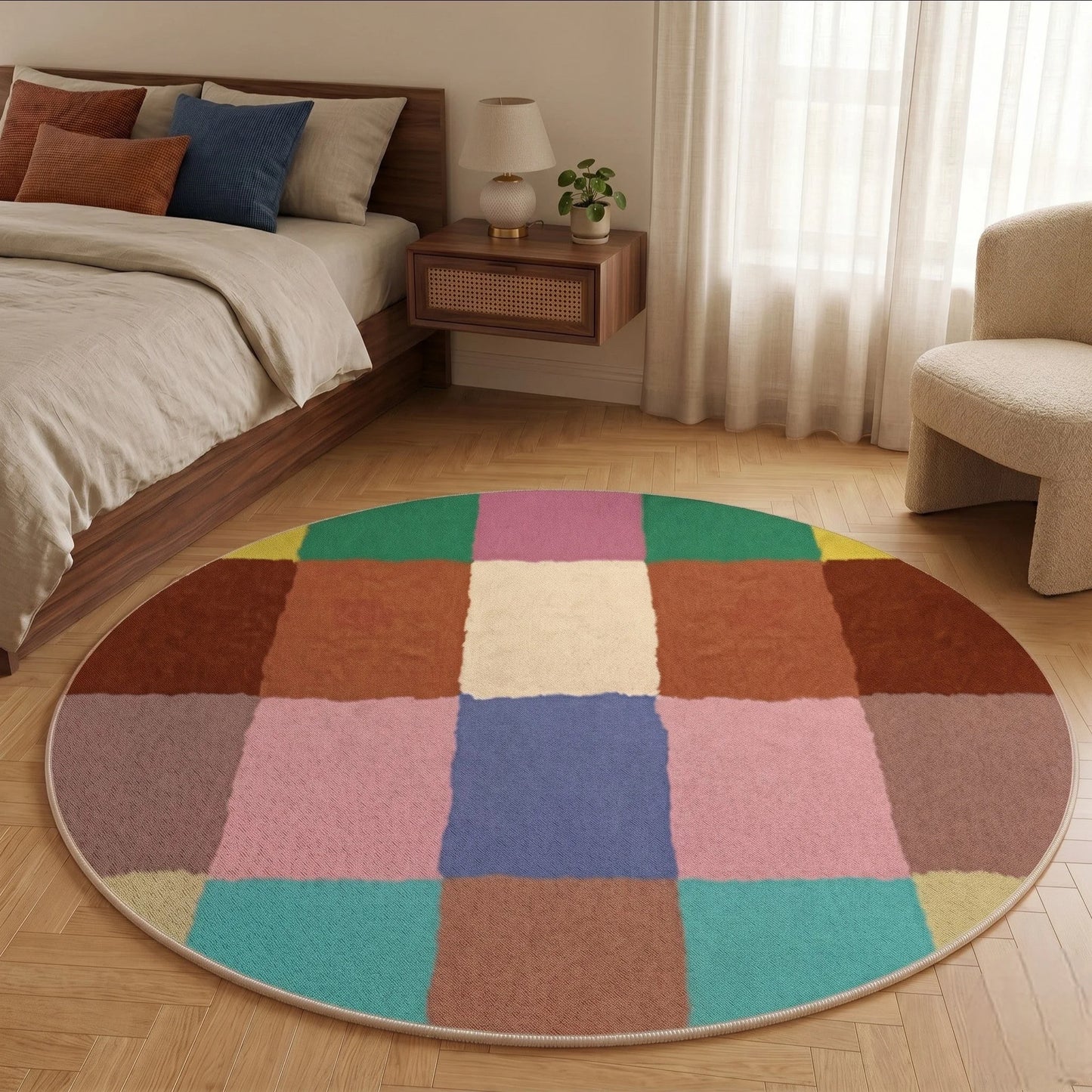 Vue d'angle du tapis rond patchwork carreaux multicolore