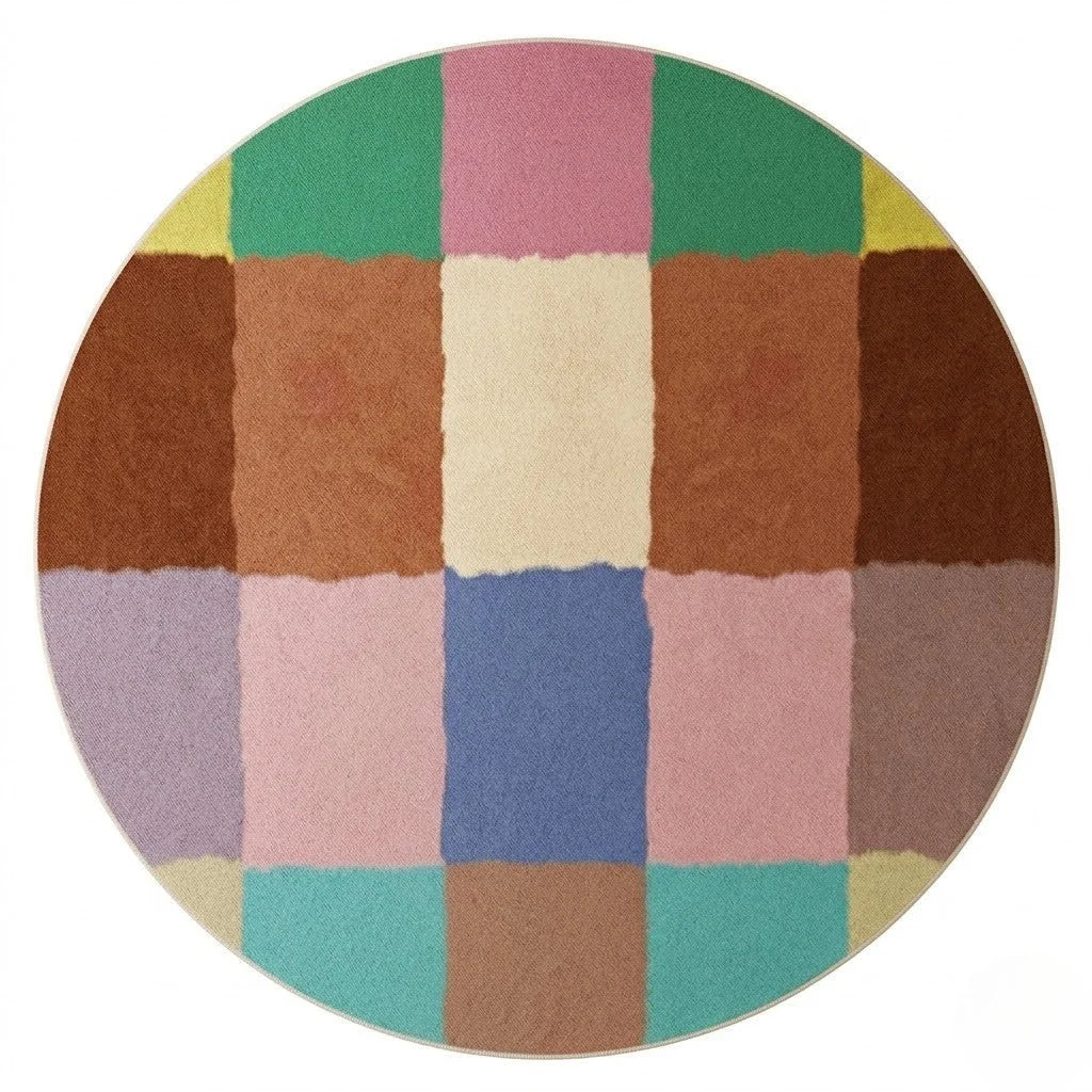 Vue studio du tapis rond patchwork carreaux multicolore en polyester tissé Wilton