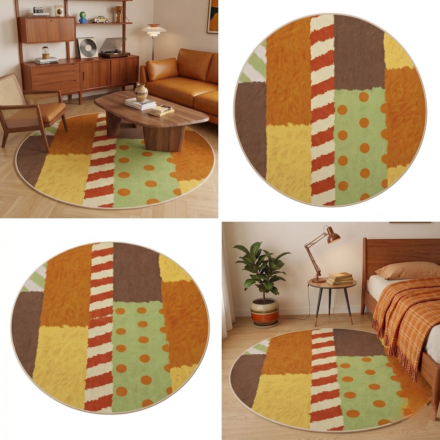 Détail des tons chauds orange jaune et vert du tapis rond patchwork ensoleillé multicolore