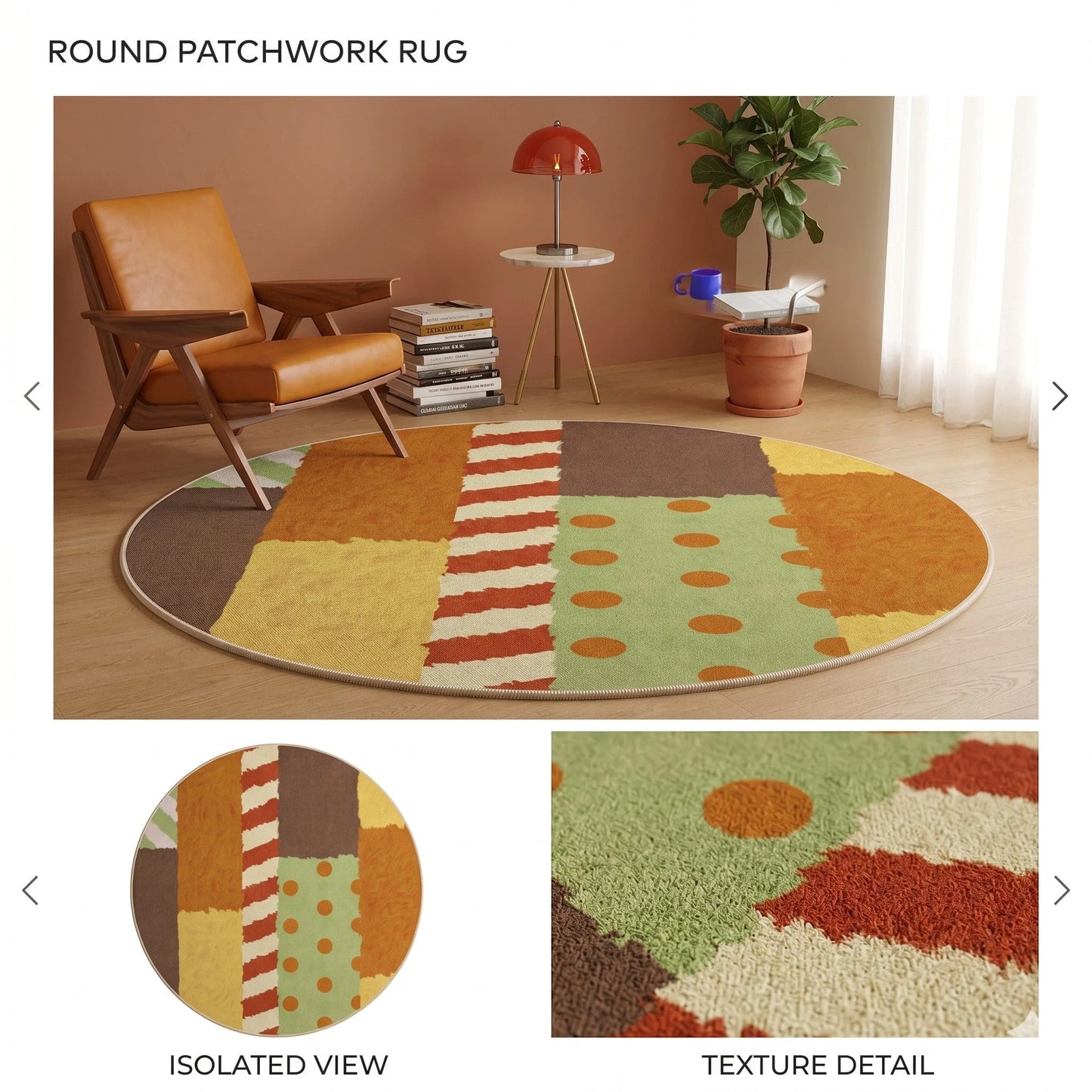 Tapis rond patchwork ensoleillé multicolore dans un salon lumineux avec parquet clair
