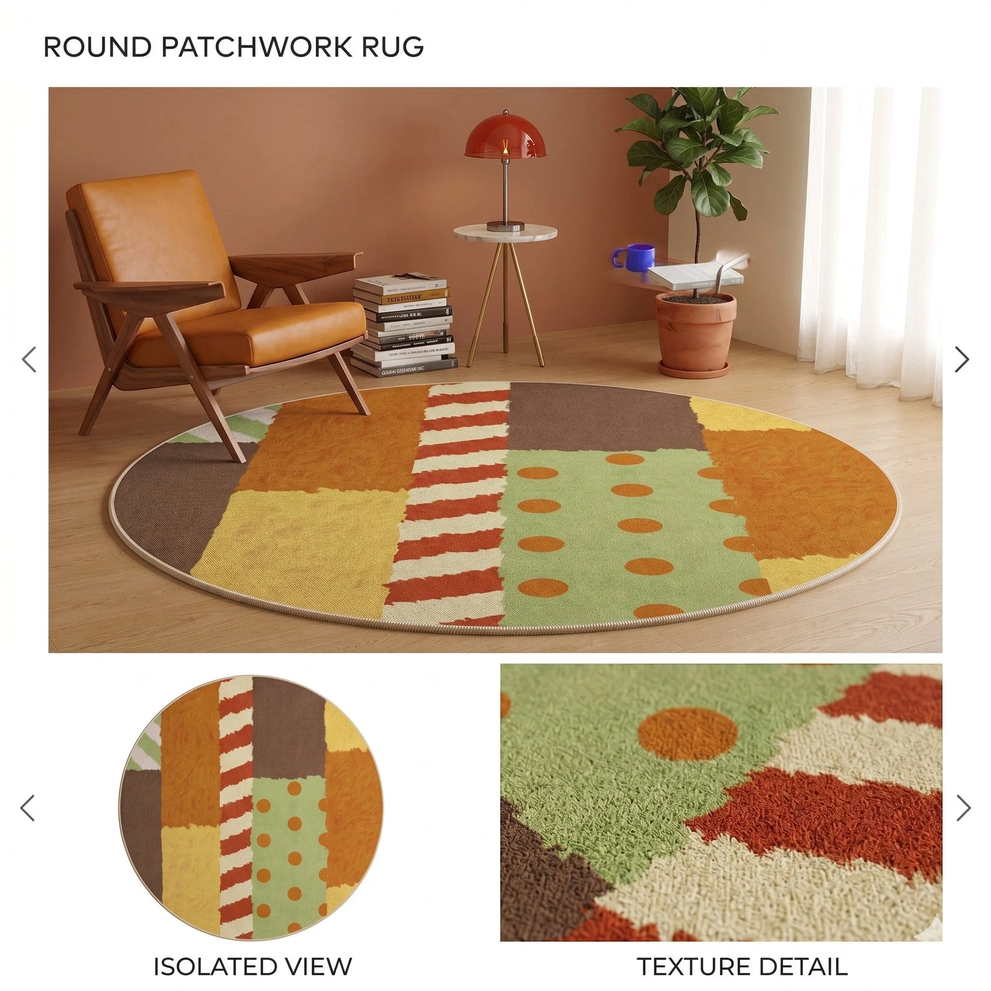 Tapis rond patchwork ensoleillé multicolore dans un salon lumineux avec parquet clair