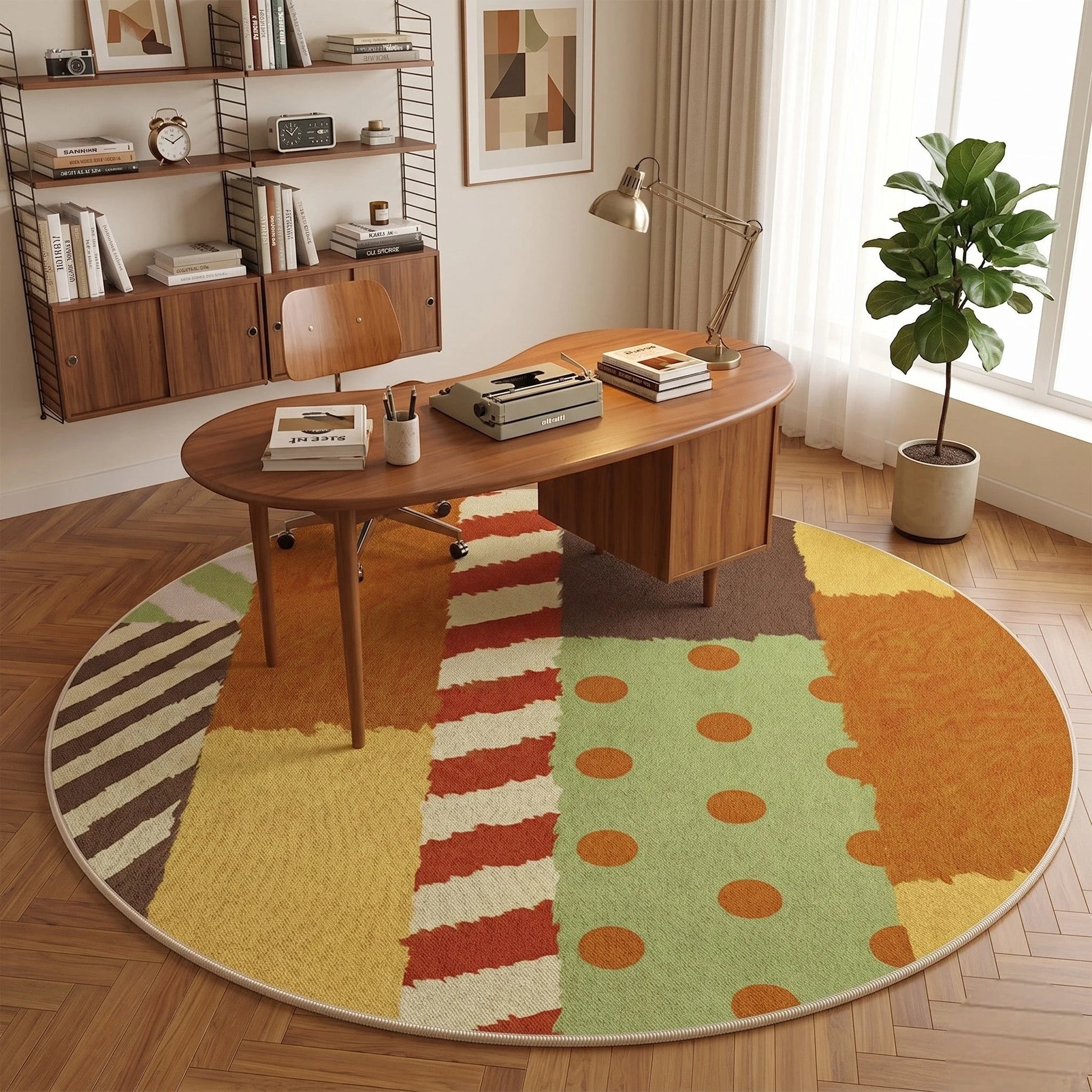 Vue d'angle du tapis rond patchwork ensoleillé multicolore