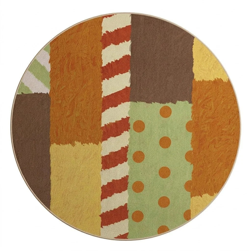 Vue studio du tapis rond patchwork ensoleillé multicolore en polyester Wilton
