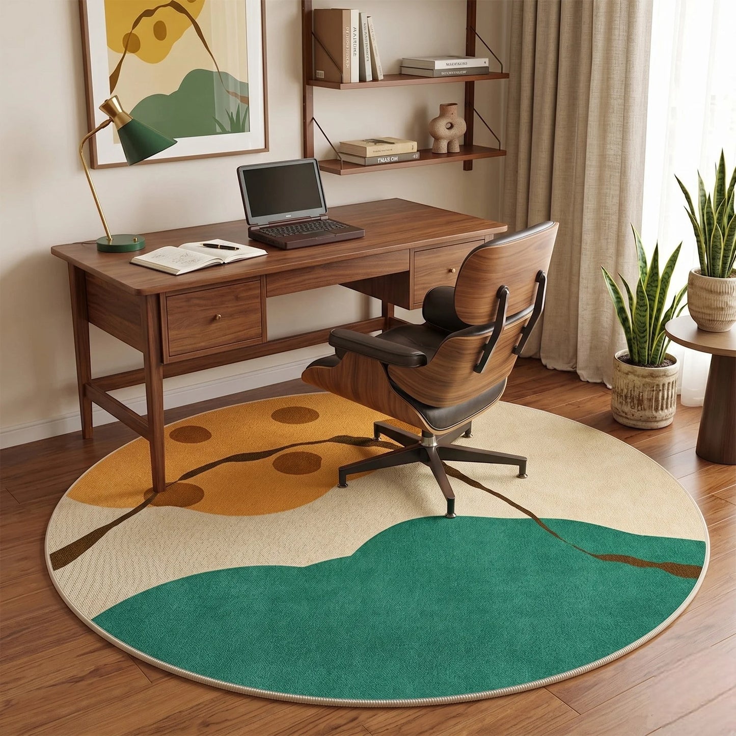 Vue d'angle du tapis rond paysage abstrait multicolore