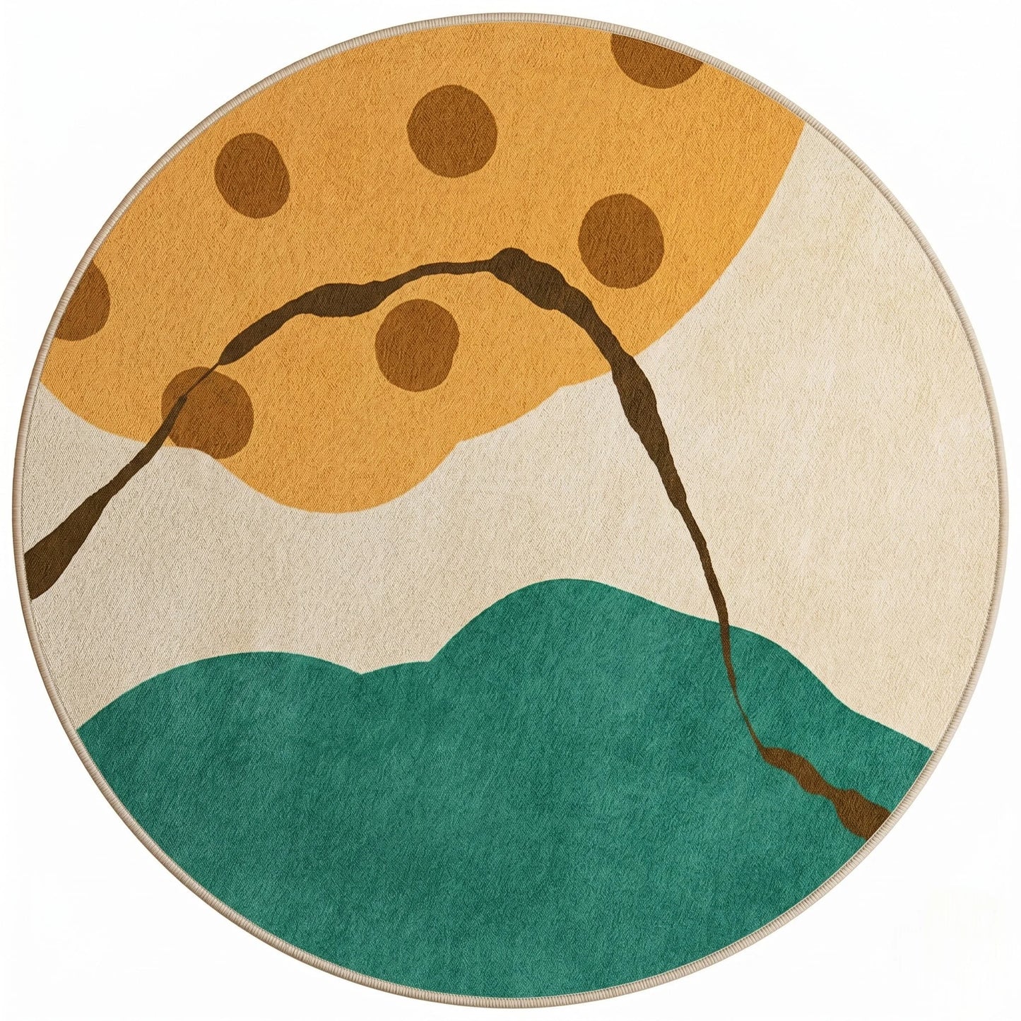 Vue studio du tapis rond paysage abstrait multicolore en polyester Wilton