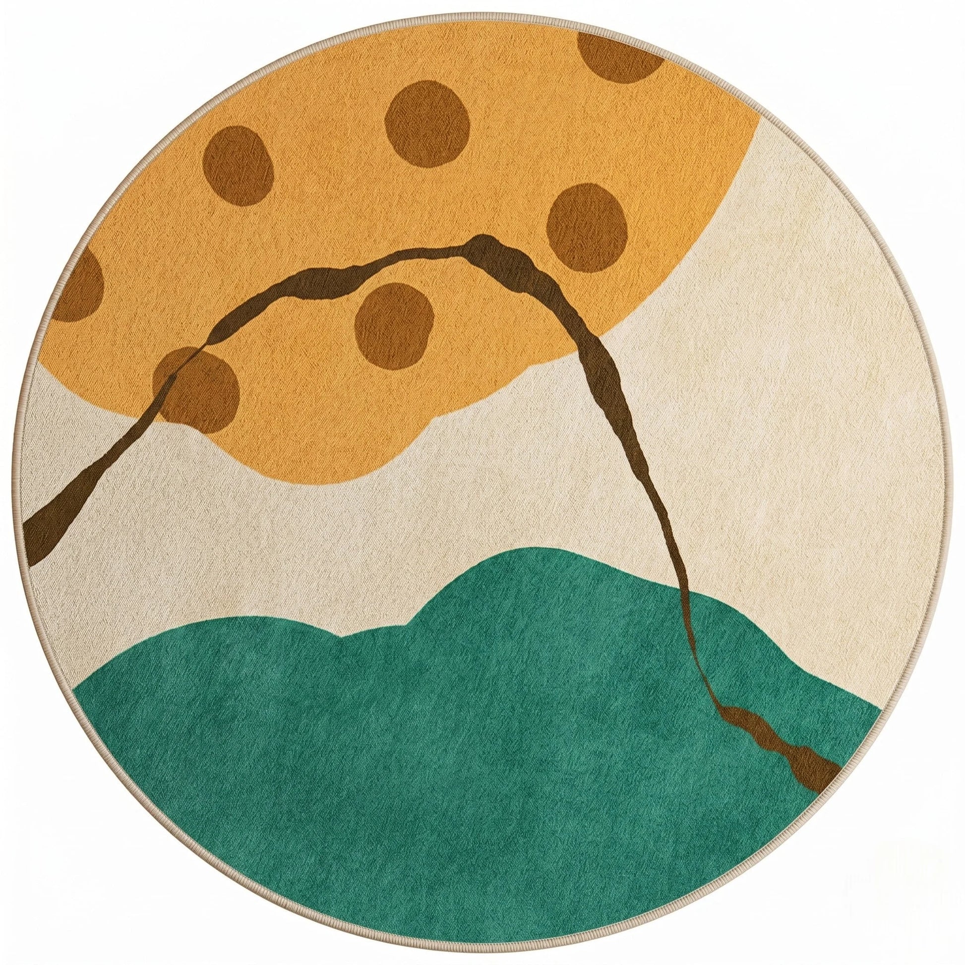 Vue studio du tapis rond paysage abstrait multicolore en polyester Wilton
