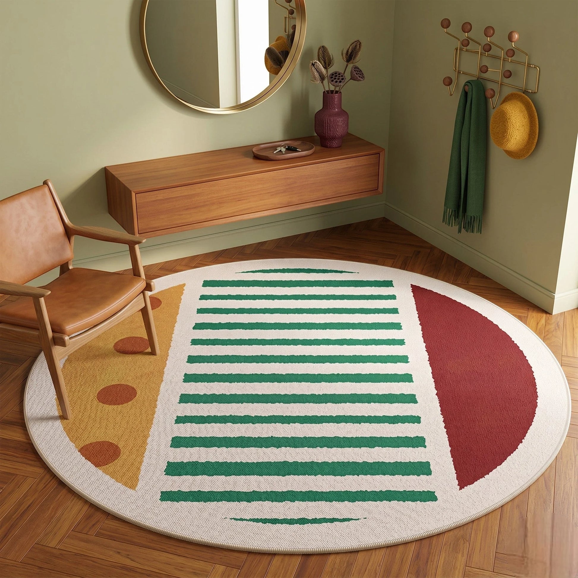 Détail des rayures vertes et du quartier jaune du tapis rond rayures graphiques multicolore
