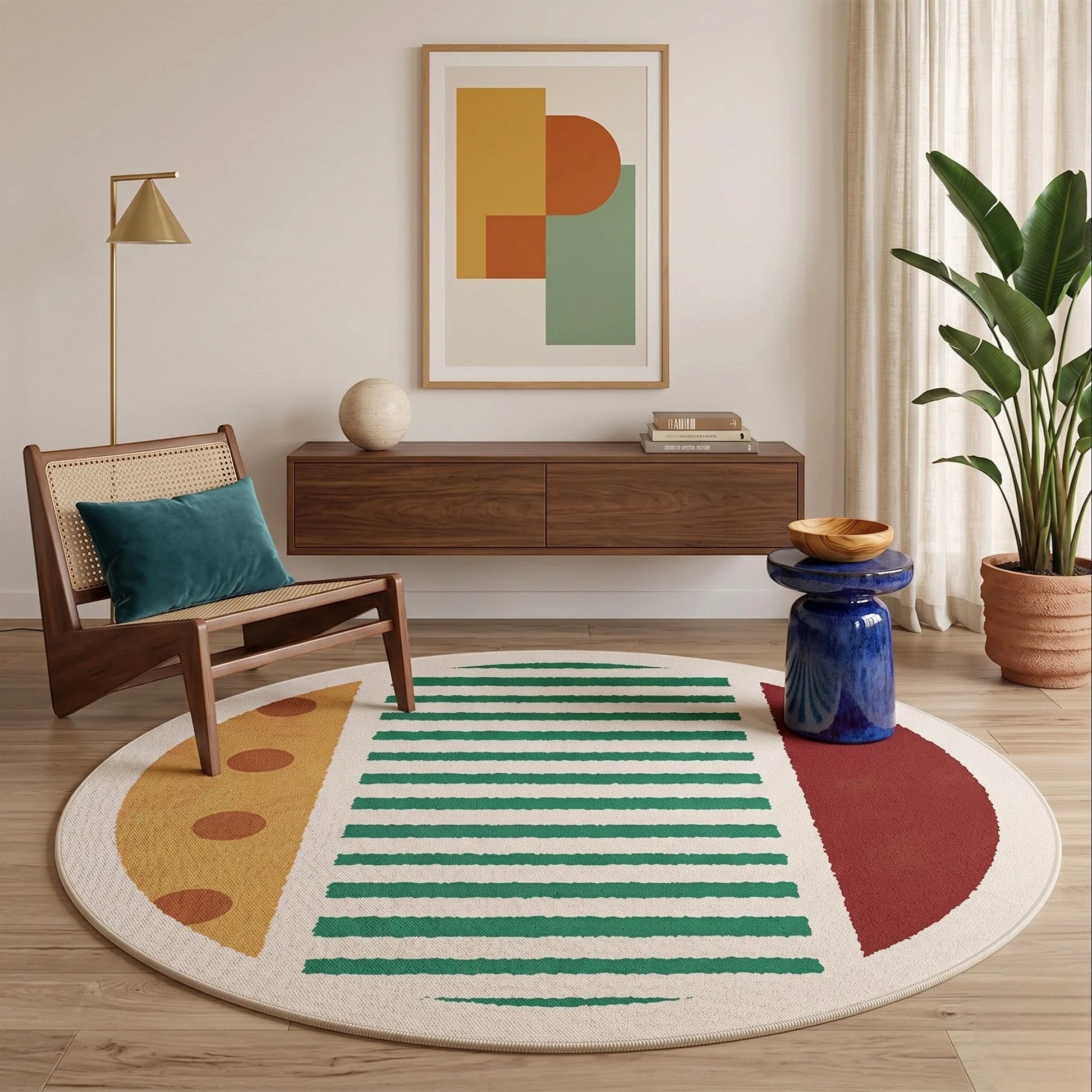 Vue d'angle du tapis rond rayures graphiques multicolore