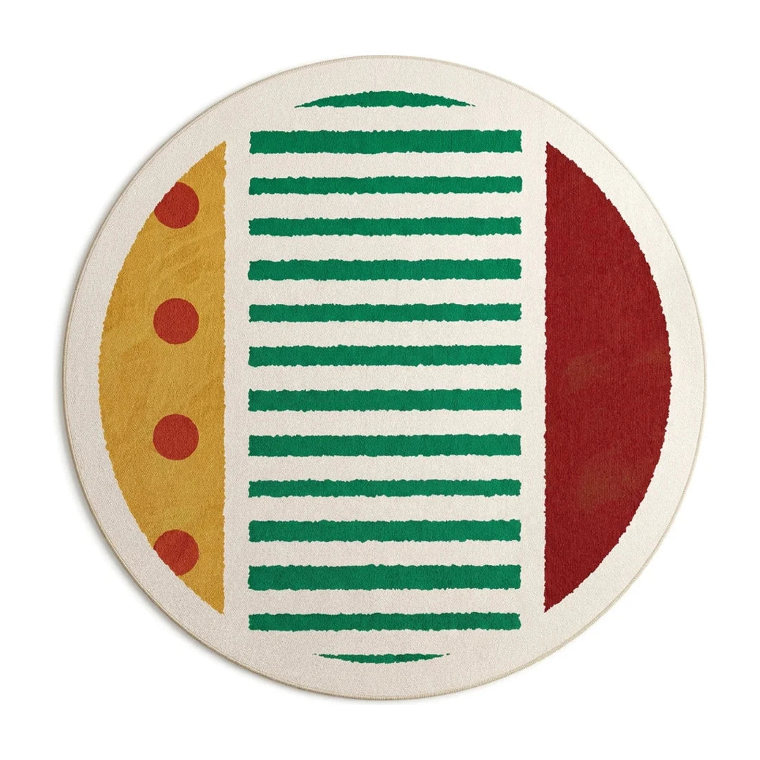 Tapis rond rayures graphiques multicolore, vue de dessus sur fond blanc