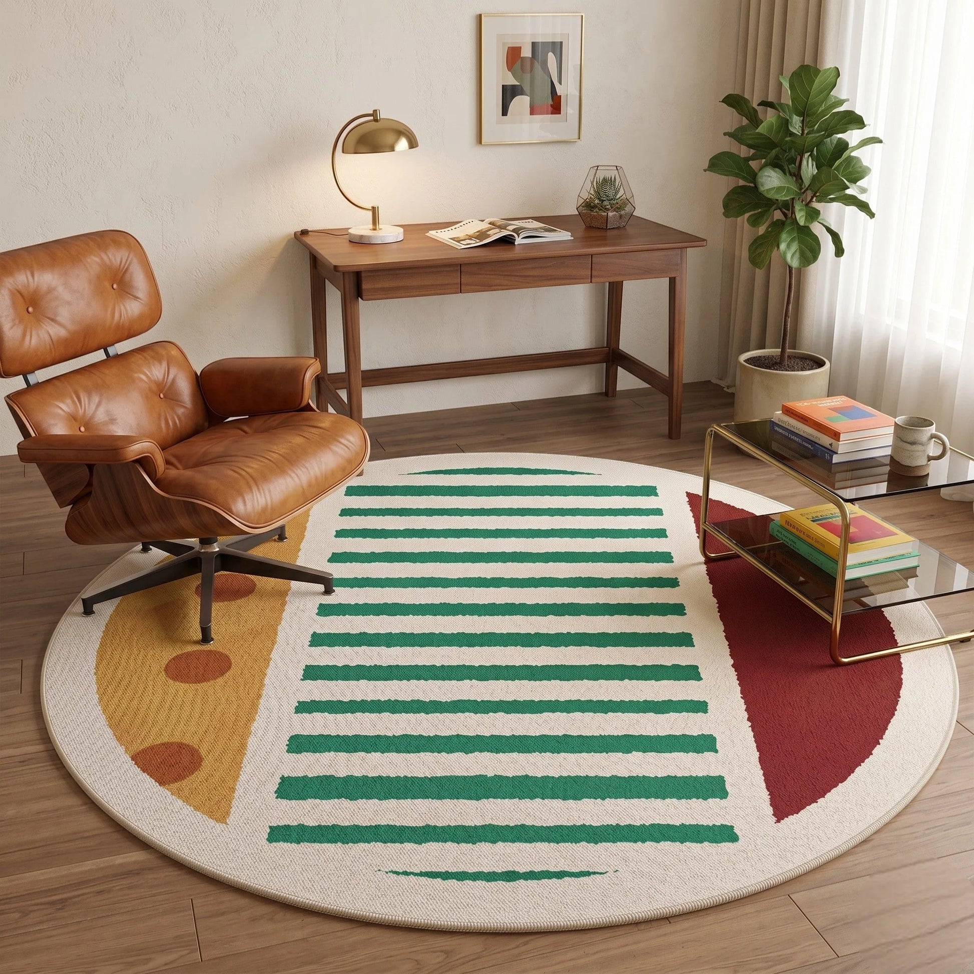 Vue rapprochée des rayures vertes du tapis rond rayures graphiques multicolore