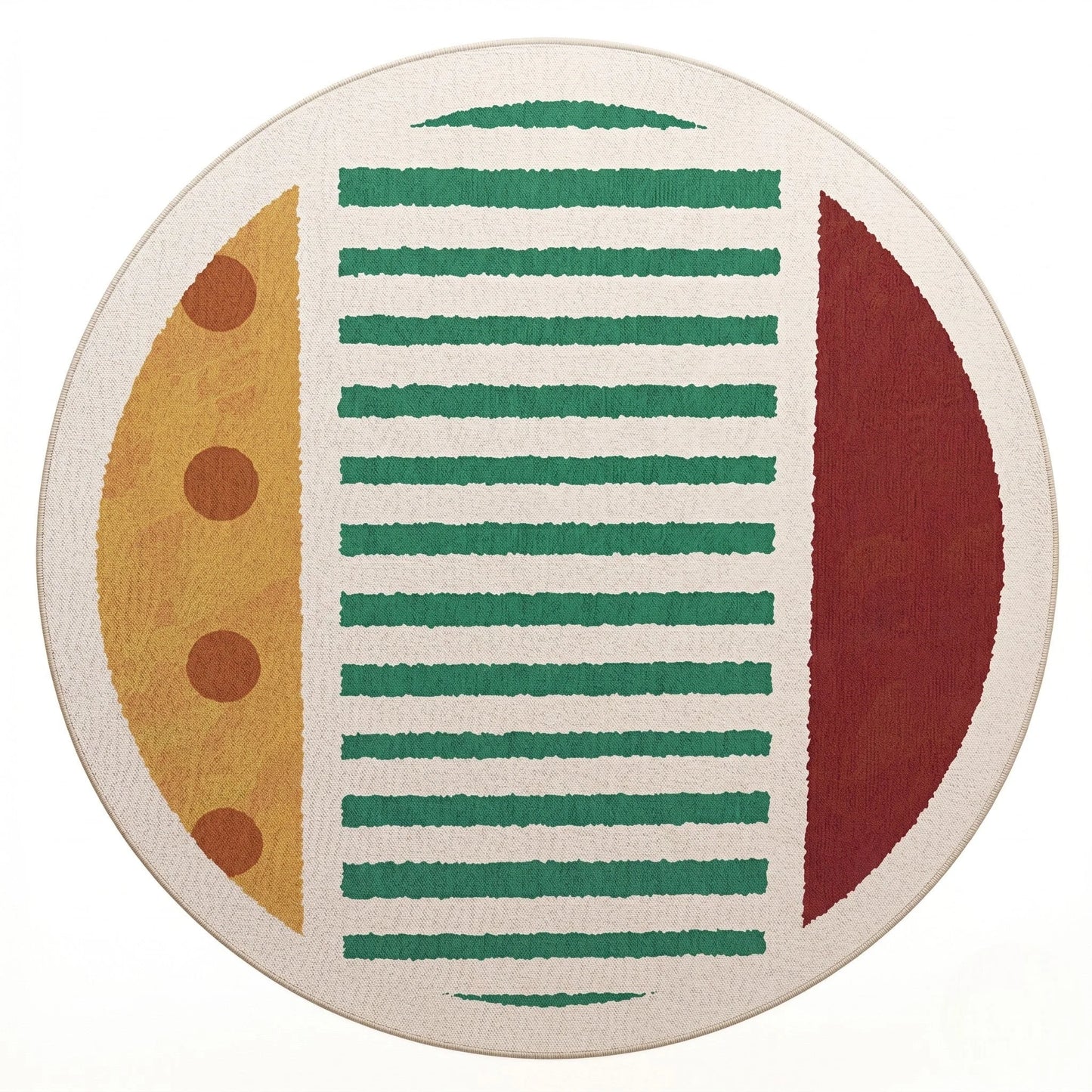 Vue studio du tapis rond rayures graphiques multicolore en polyester Wilton