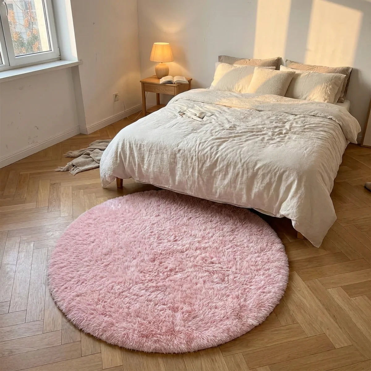 Tapis rond rose poil long posé dans une chambre