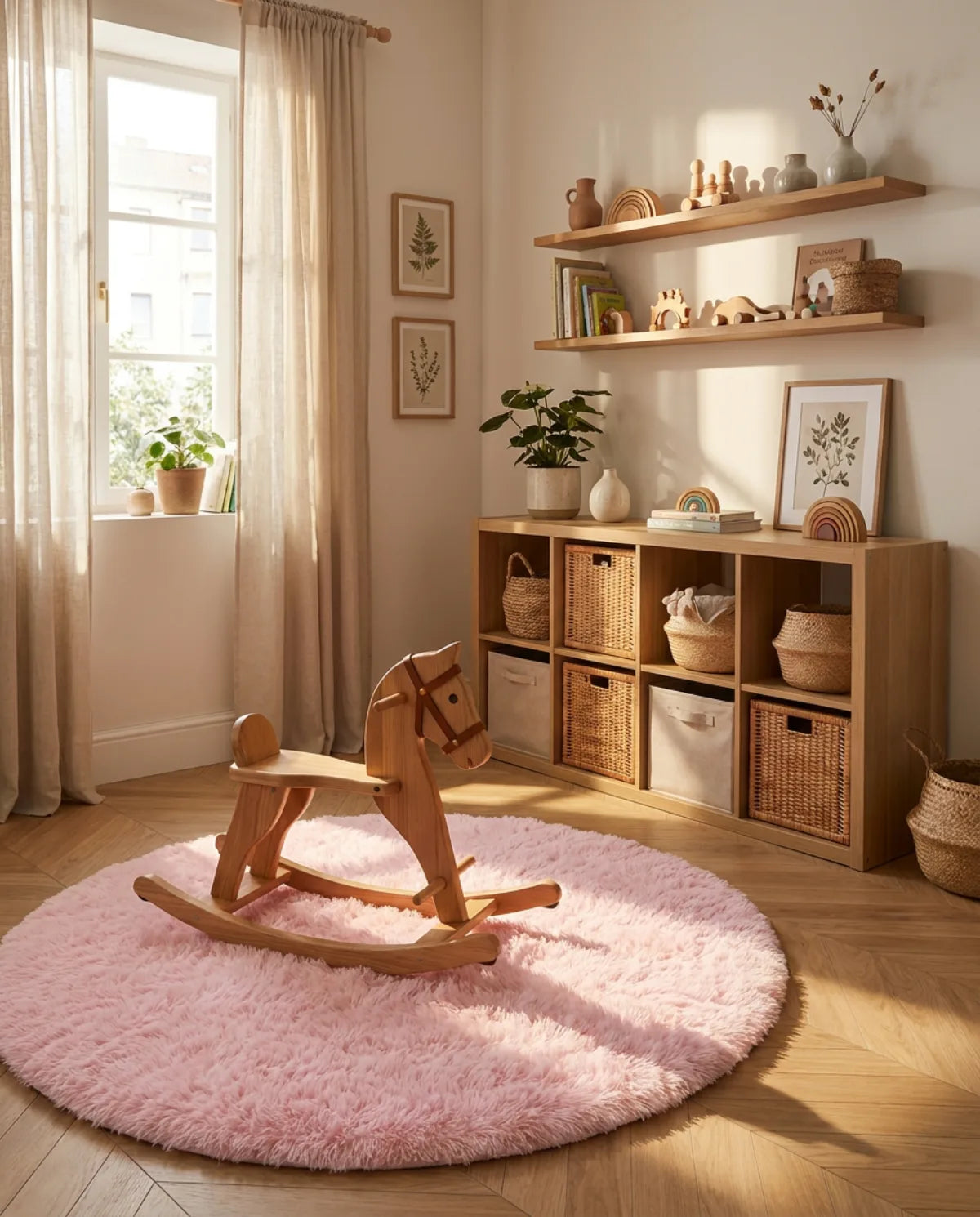 Tapis rond rose poil long dans une chambre d'enfant, cheval à bascule posé dessus