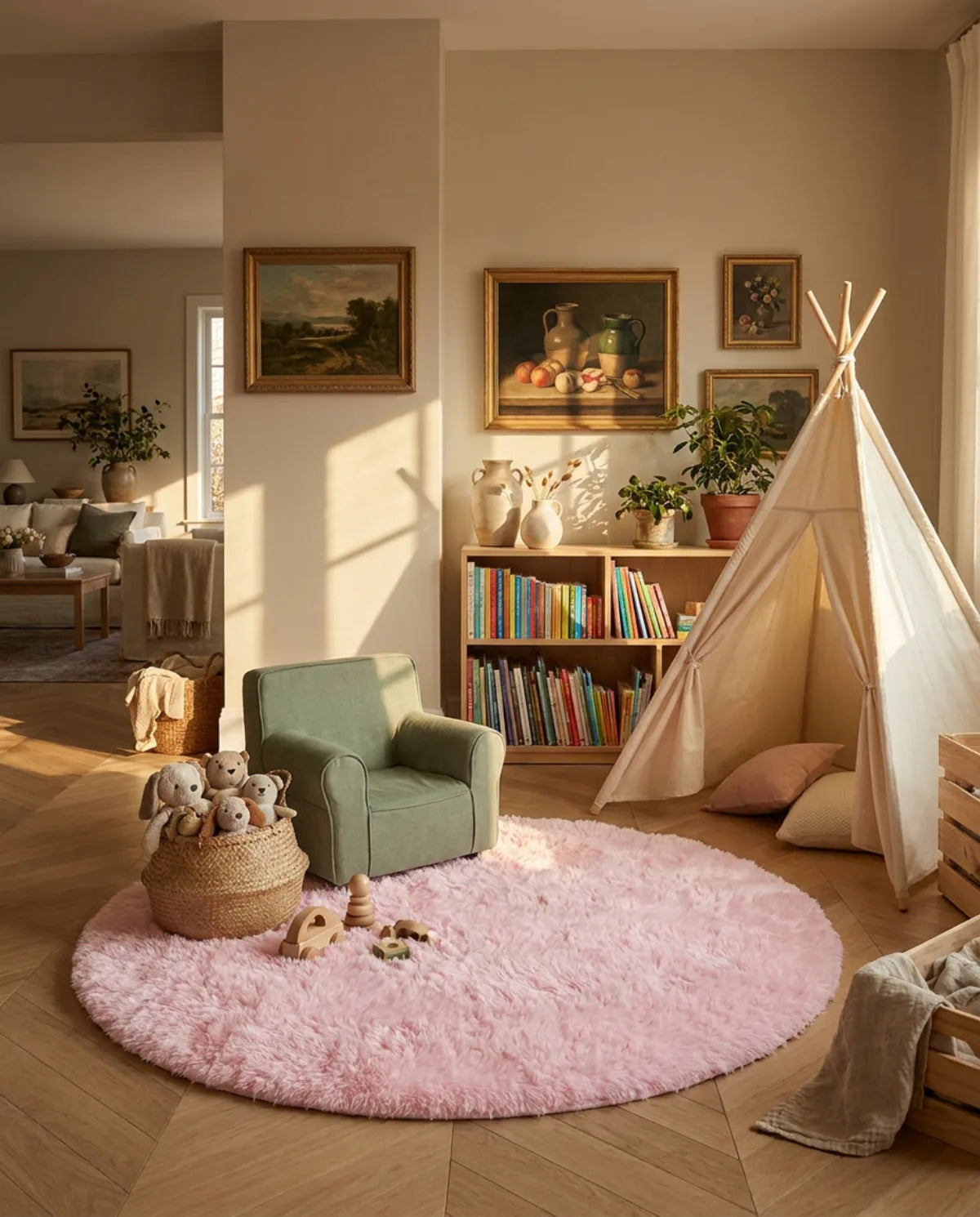 Tapis rond rose poil long dans un coin lecture avec tipi et fauteuil enfant