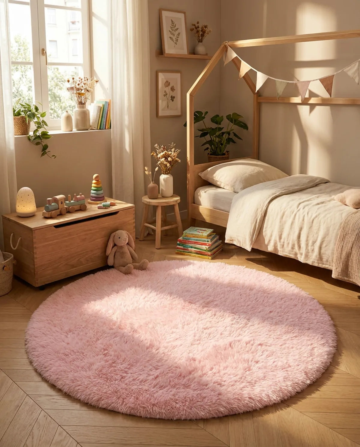 Tapis rond rose poil long au pied d'un lit cabane, coffre à jouets posé dessus