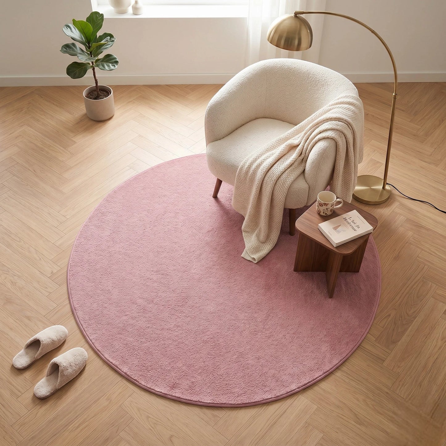 Tapis rond rose poudré peluche douce dans un coin lecture cocon avec fauteuil bouclé
