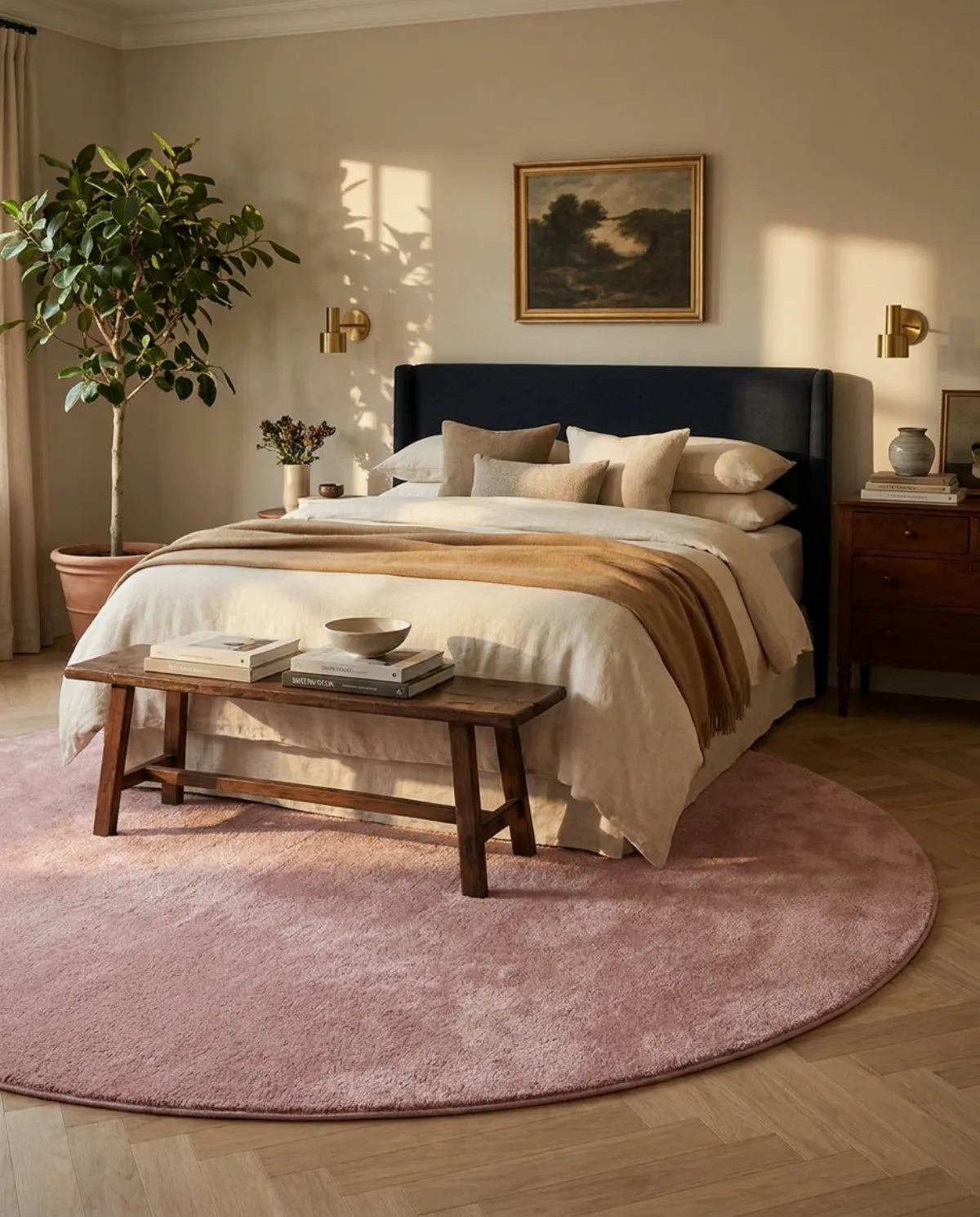 Tapis rond rose poudré peluche douce dépassant sous le lit, banc en bois posé dessus