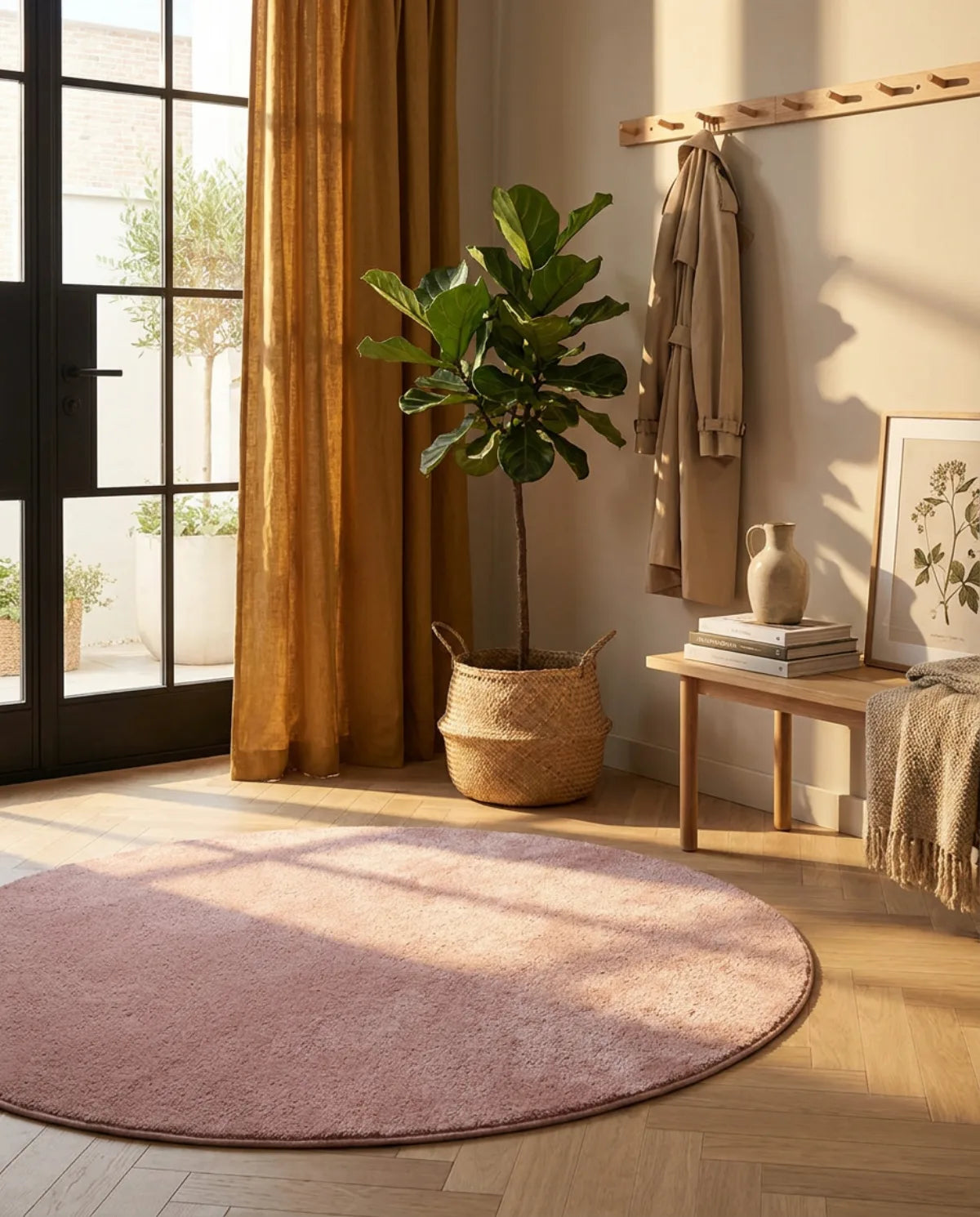 Tapis rond rose poudré peluche douce dans une entrée au soleil, devant une porte vitrée