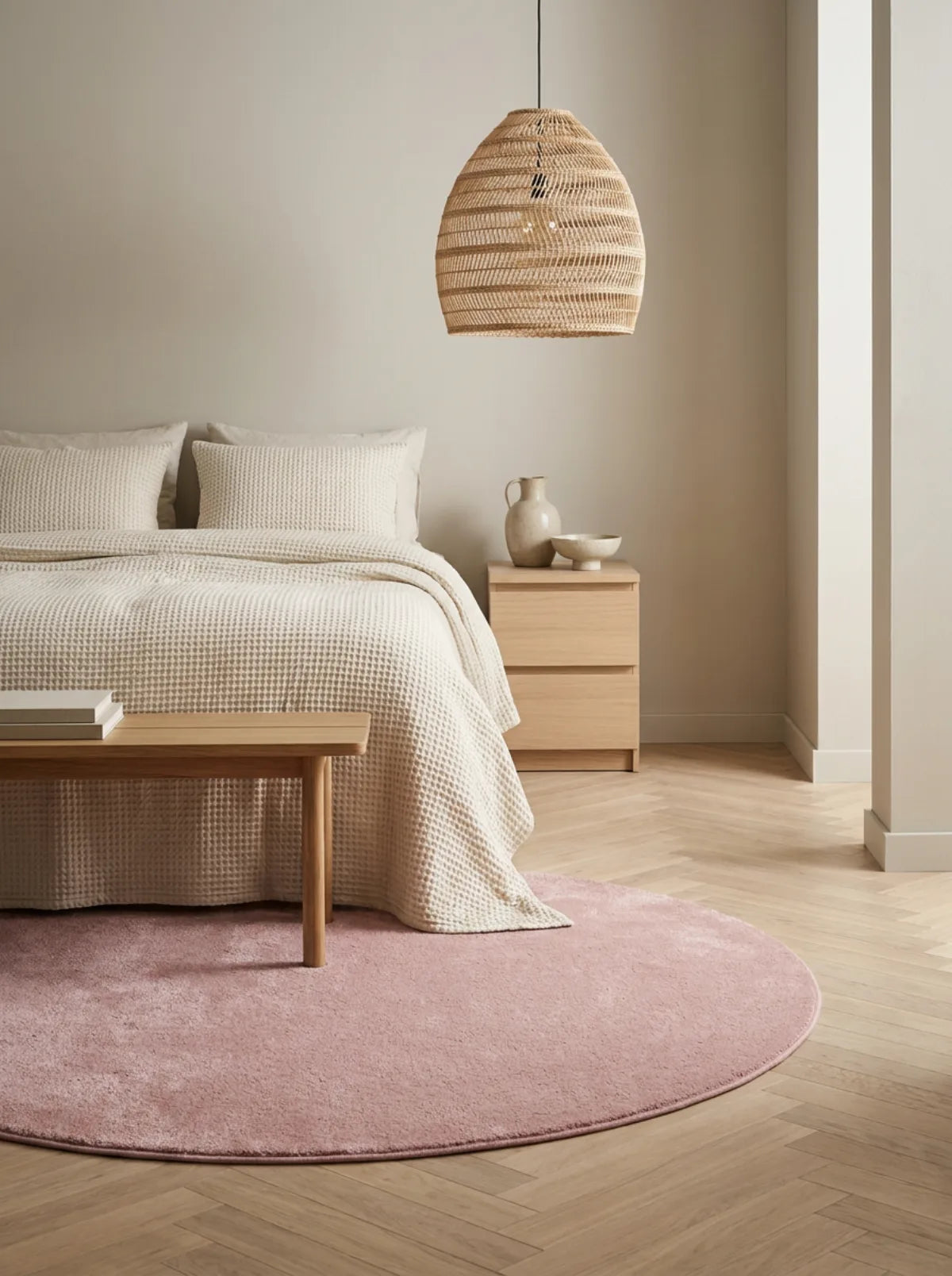 Tapis rond rose poudré peluche douce dans une chambre lumineuse