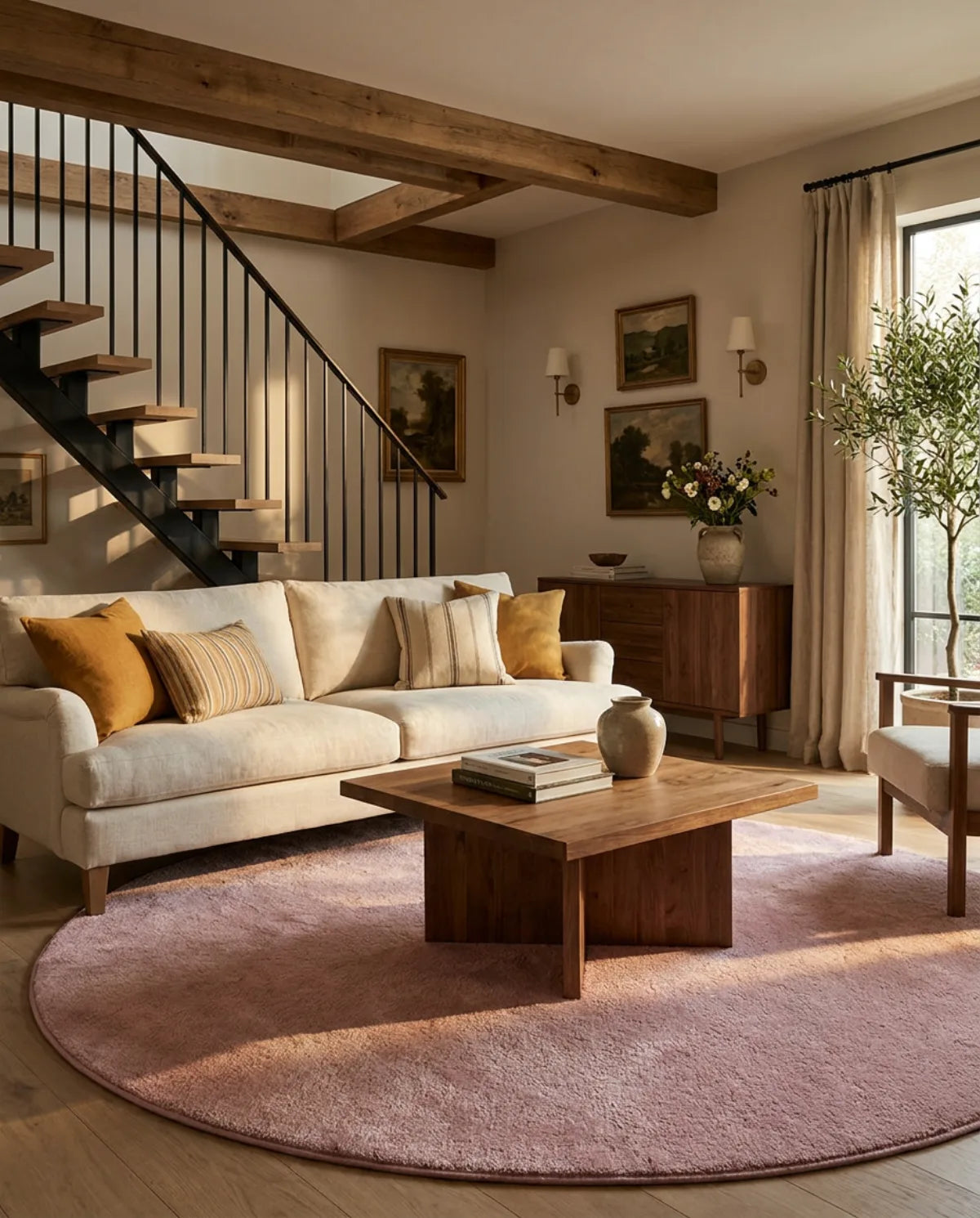 Tapis rond rose poudré peluche douce sous une table basse en bois, dans un grand salon avec escalier