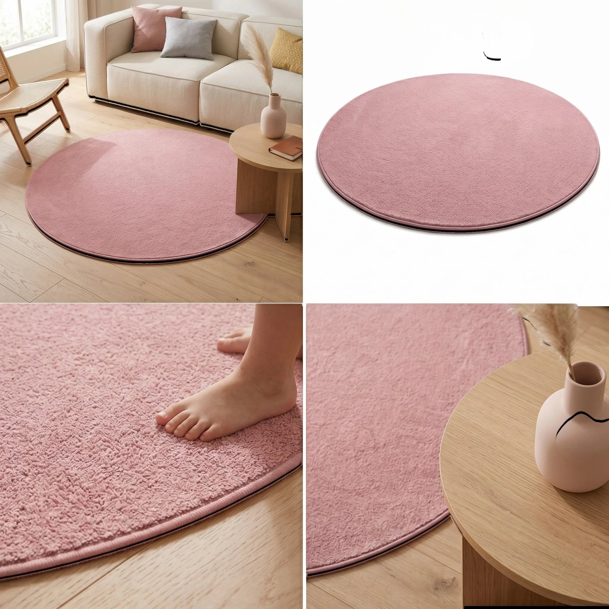 Vue d'angle du tapis rond rose poudré peluche douce