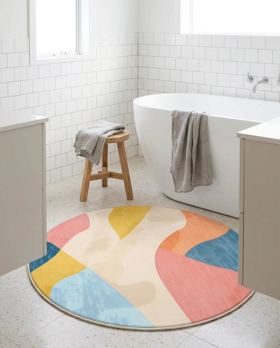 Tapis rond corail pastel dans une salle de bain, autre vue