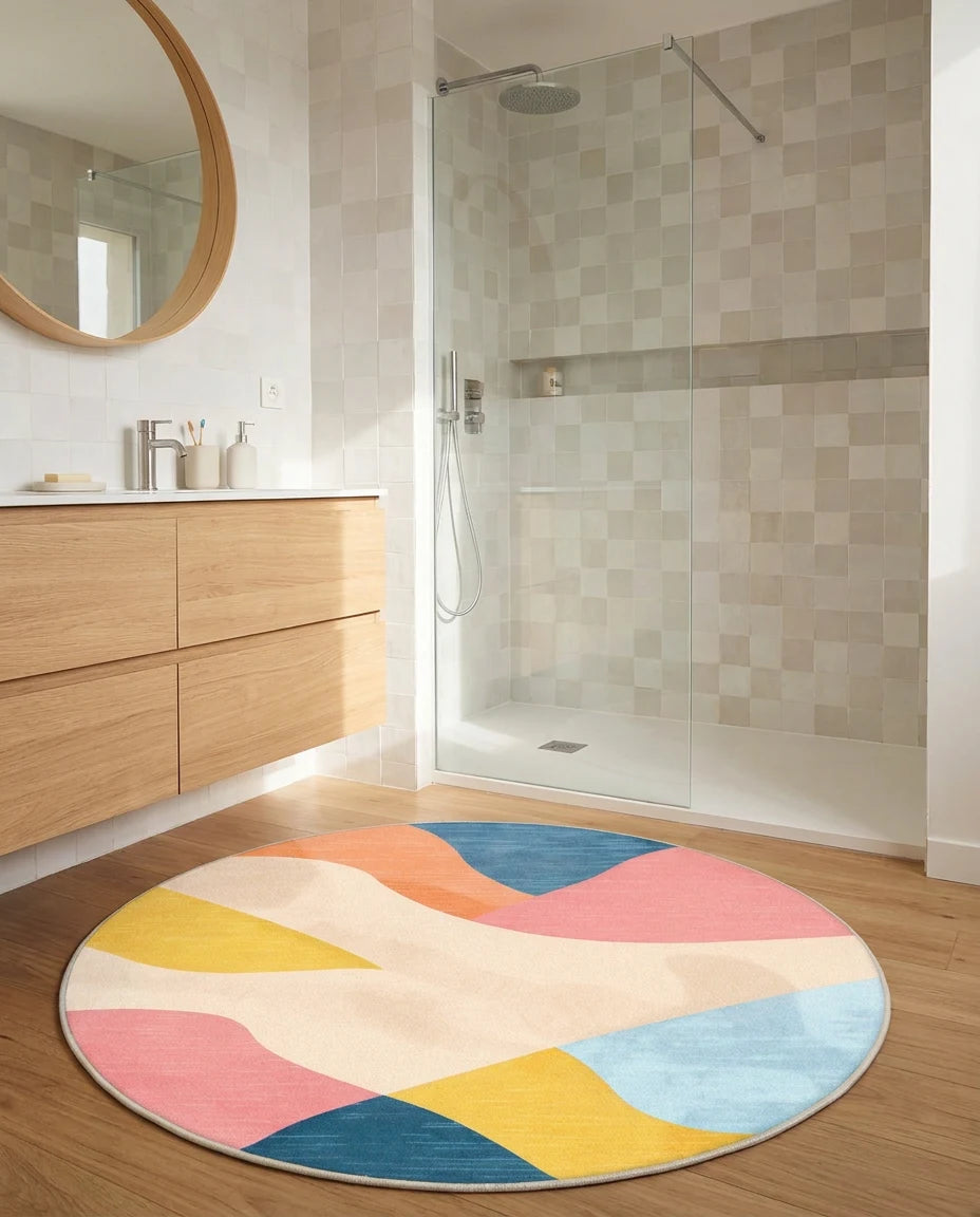 Tapis rond corail pastel posé dans une salle de bain