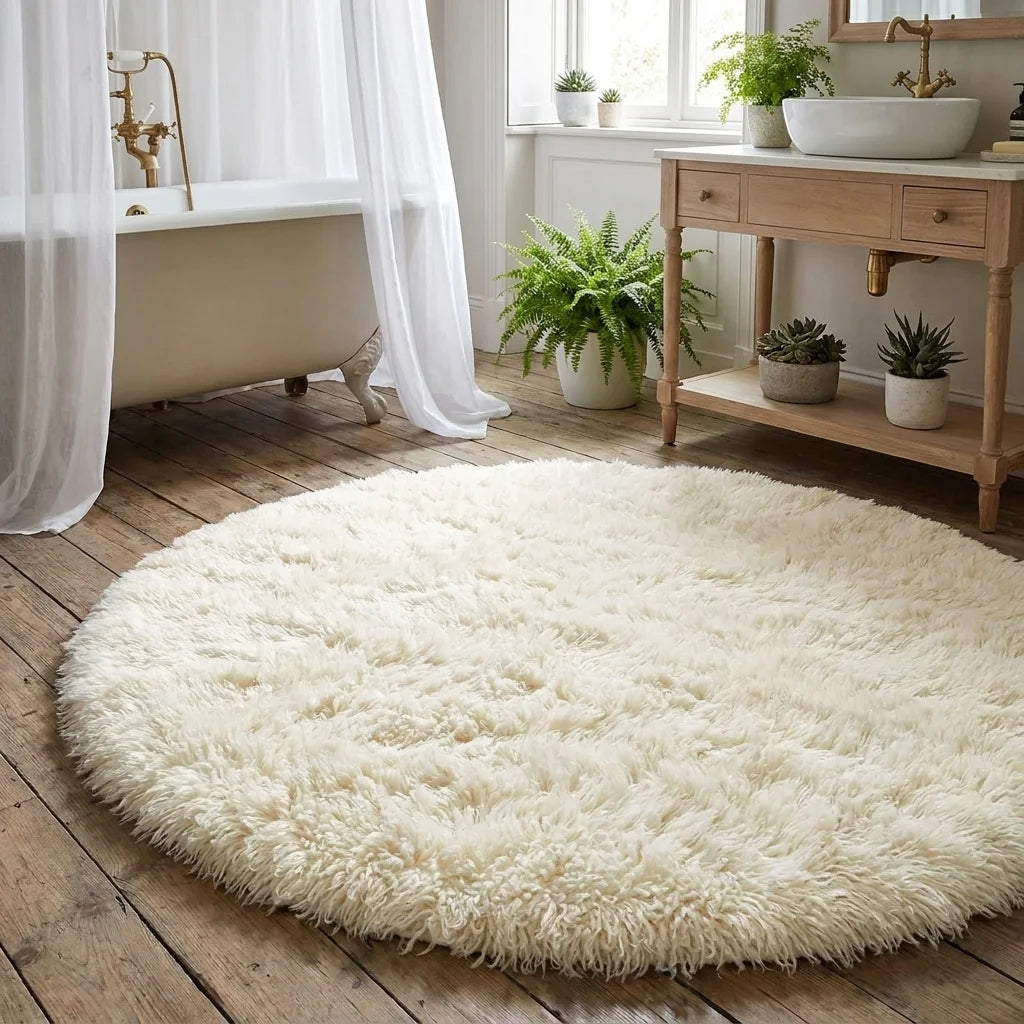 Tapis rond salle de bain moelleux blanc crème devant une baignoire, meuble bois et plante verte