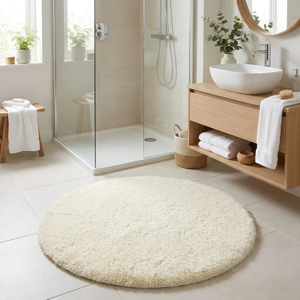 Tapis rond salle de bain moelleux blanc crème en sortie de douche italienne, vasque blanche et meuble bois clair