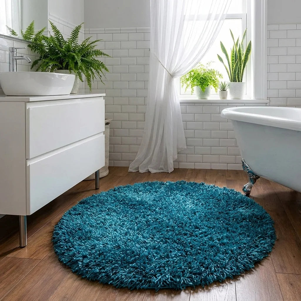 Tapis rond salle de bain moelleux bleu canard devant une baignoire, meuble bois et plante verte