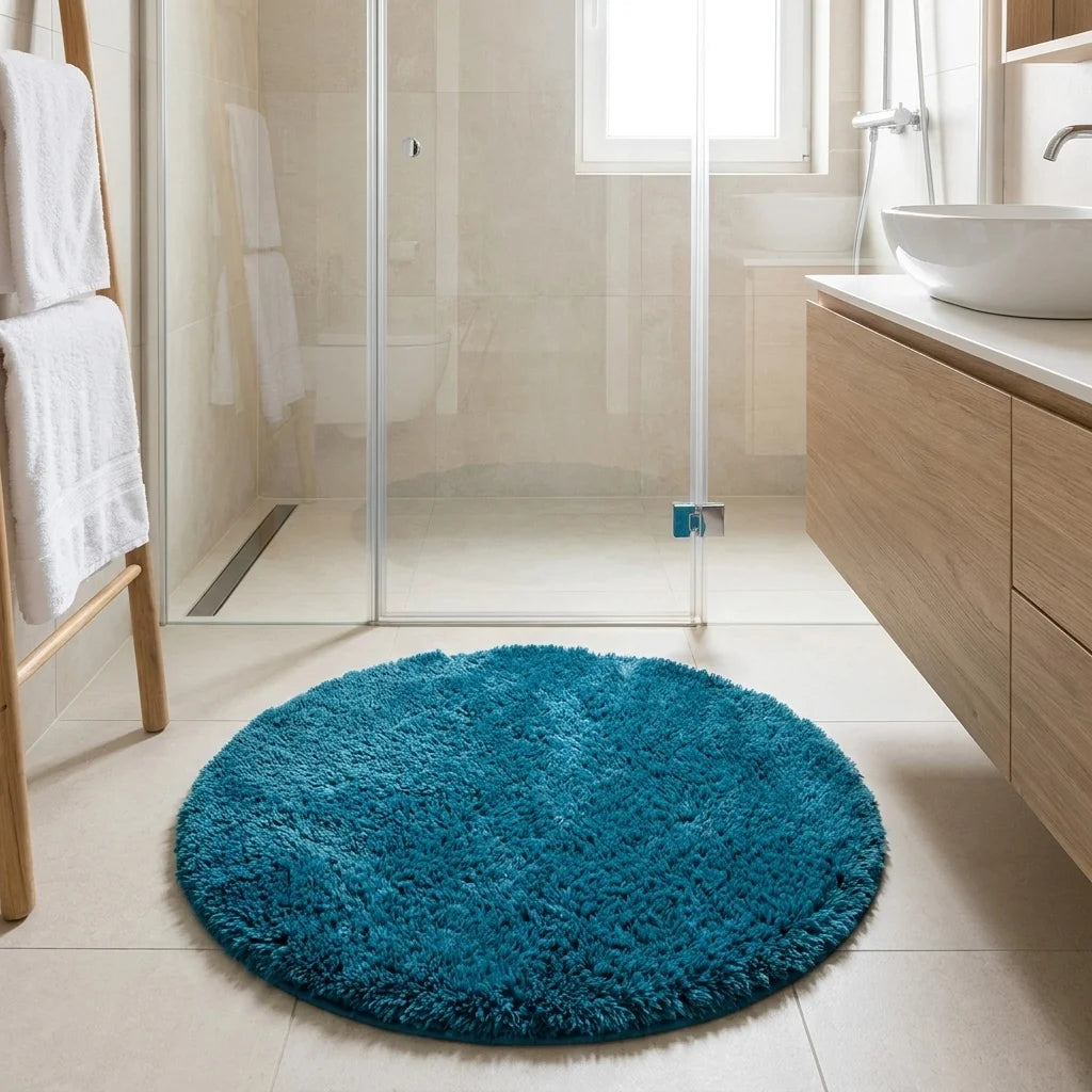 Tapis rond salle de bain moelleux bleu canard en sortie de douche italienne, vasque blanche et meuble bois clair