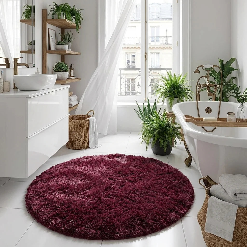 Tapis rond salle de bain moelleux rouge bordeaux devant une baignoire, meuble bois et plante verte