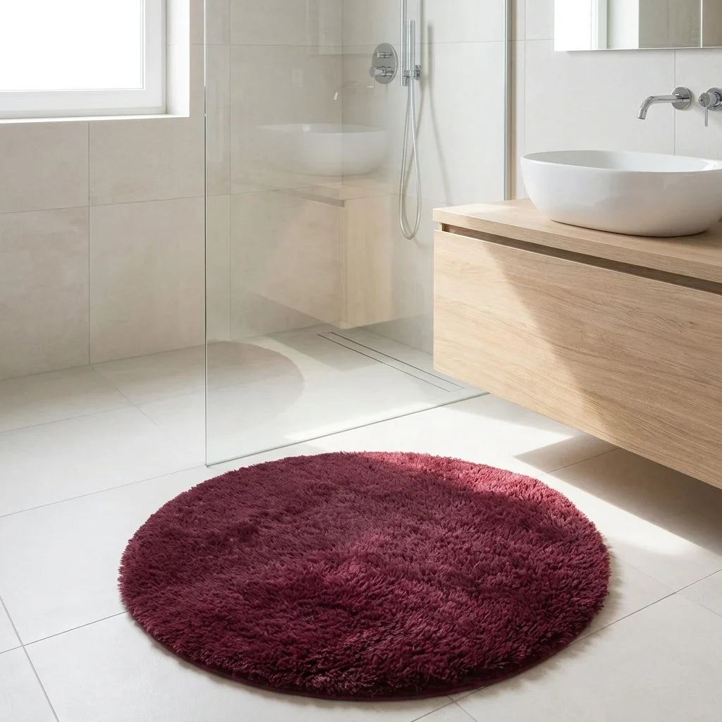 Tapis rond salle de bain moelleux rouge bordeaux en sortie de douche italienne, vasque blanche et meuble bois clair