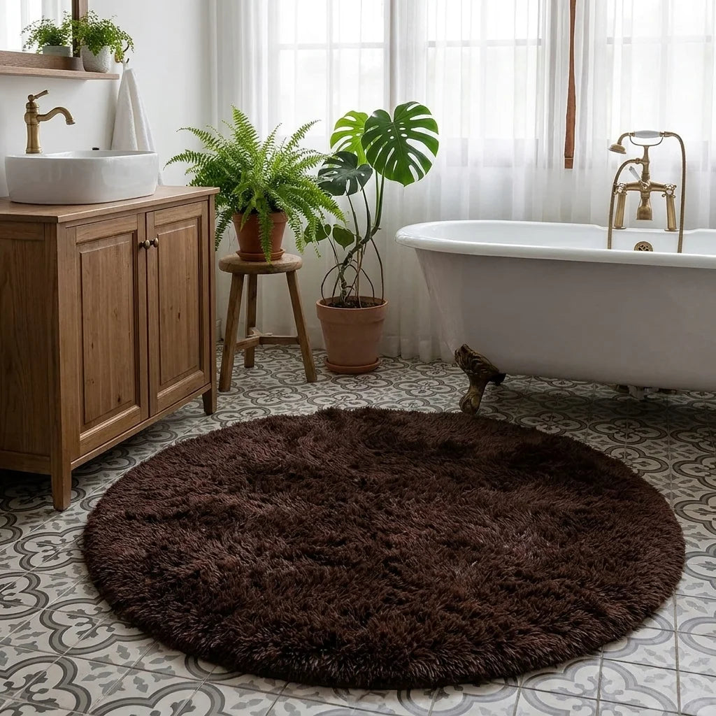 Tapis rond salle de bain moelleux brun café devant une baignoire, meuble bois et plante verte