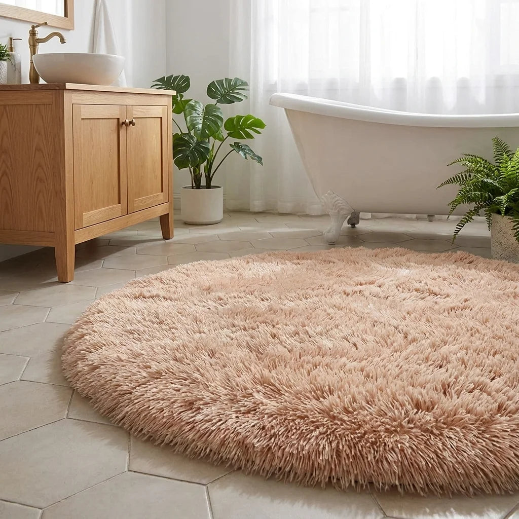 Tapis rond salle de bain moelleux camel devant une baignoire, meuble bois et plante verte