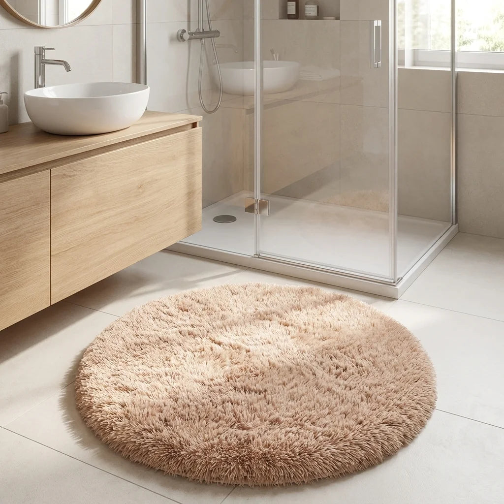 Tapis rond salle de bain moelleux camel en sortie de douche italienne, vasque blanche et meuble bois clair
