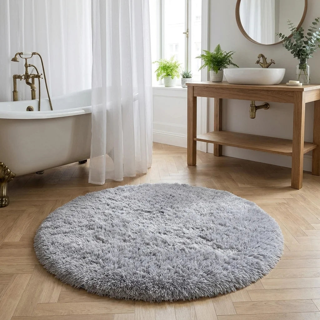 Tapis rond salle de bain moelleux gris perle devant une baignoire, meuble bois et plante verte