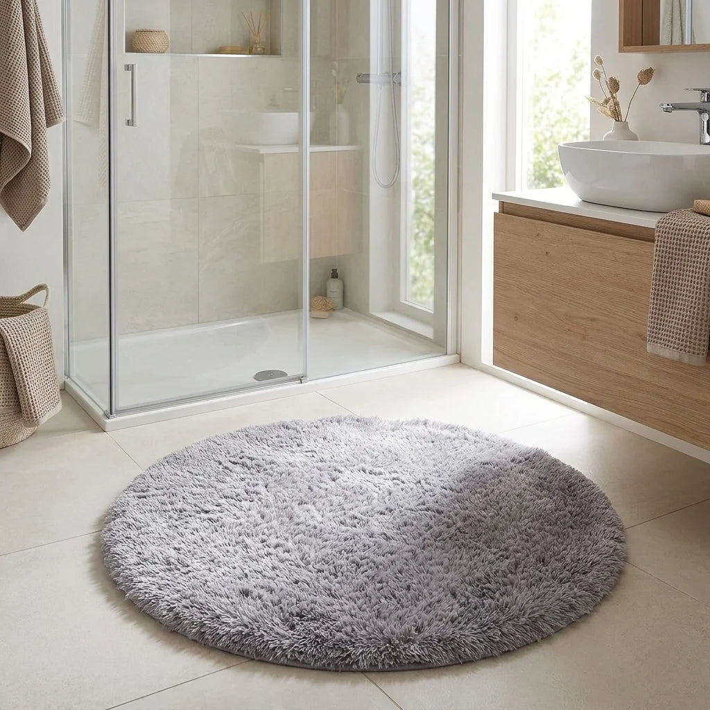Tapis rond salle de bain moelleux gris perle en sortie de douche italienne, vasque blanche et meuble bois clair
