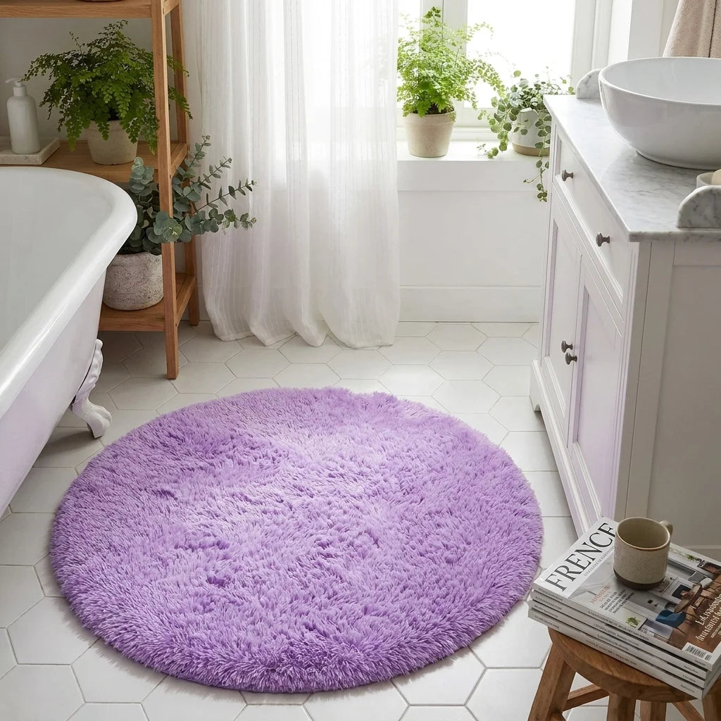 Tapis rond salle de bain moelleux mauve lavande devant une baignoire, meuble bois et plante verte