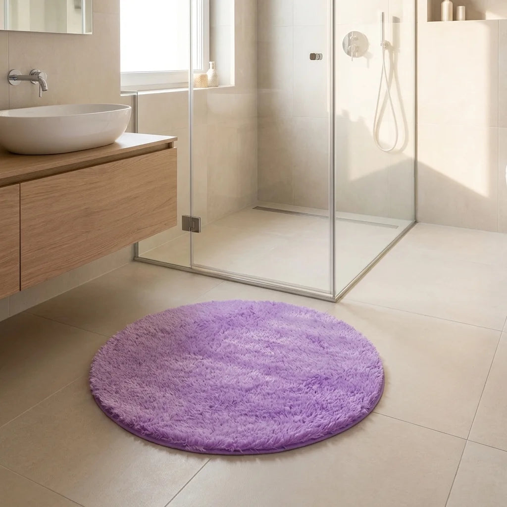 Tapis rond salle de bain moelleux mauve lavande en sortie de douche italienne, vasque blanche et meuble bois clair