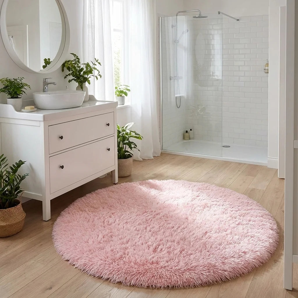 Tapis rond salle de bain moelleux rose pâle devant une baignoire, meuble bois et plante verte