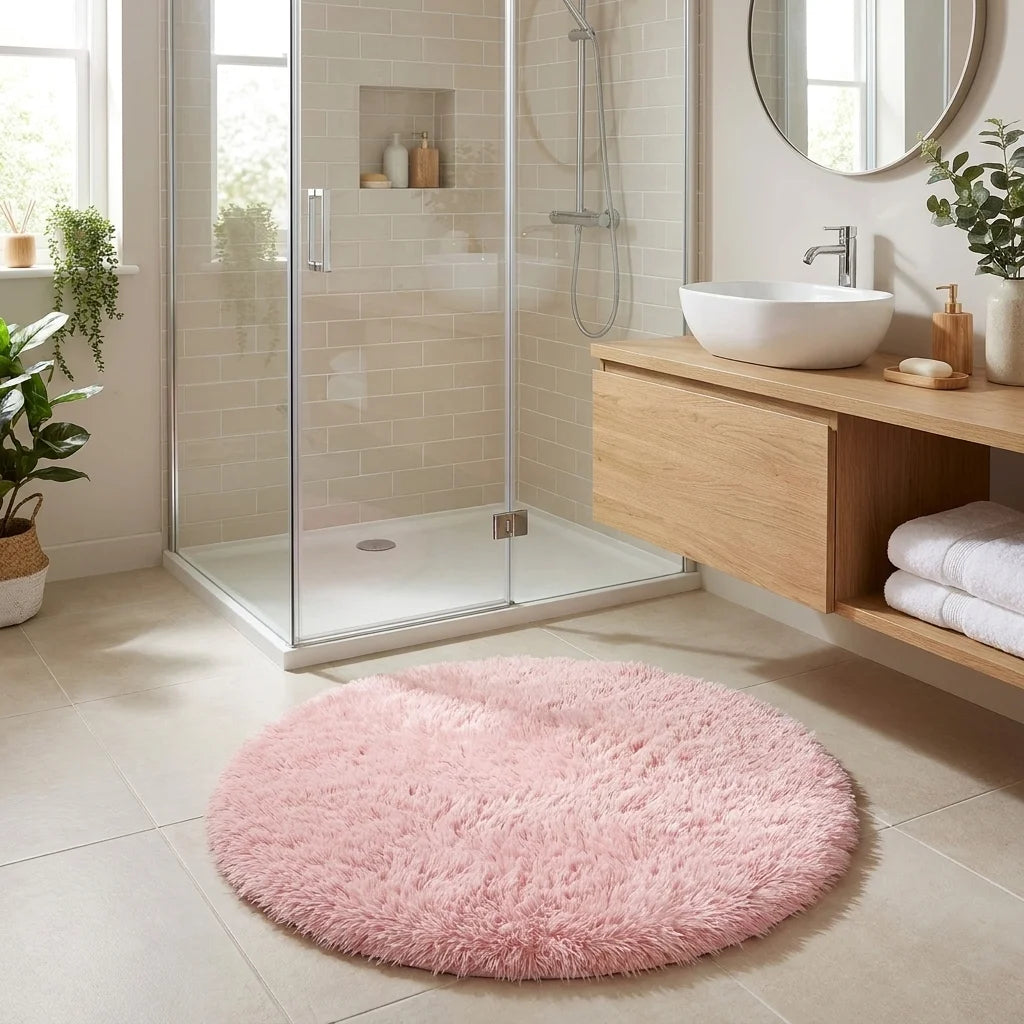 Tapis rond salle de bain moelleux rose pâle en sortie de douche italienne, vasque blanche et meuble bois clair