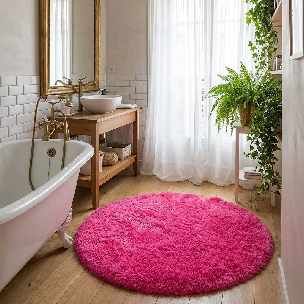 Tapis rond salle de bain moelleux rose devant une baignoire, meuble bois et plante verte